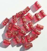 24 13mm Transparent Red & Gold Textured Tube Beads